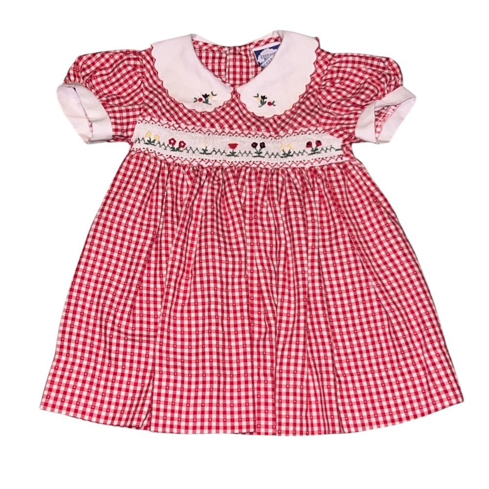 Vintage Carriage Boutiques Gingham Collared Dress with Floral Stitching 12M